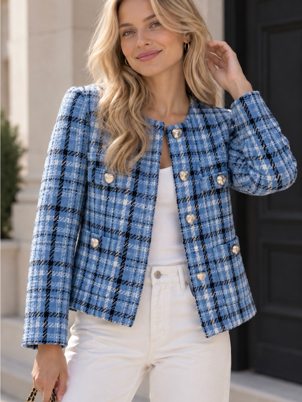 Mango Blue Plaid Tweed Cropped Blazer with Heart Buttons